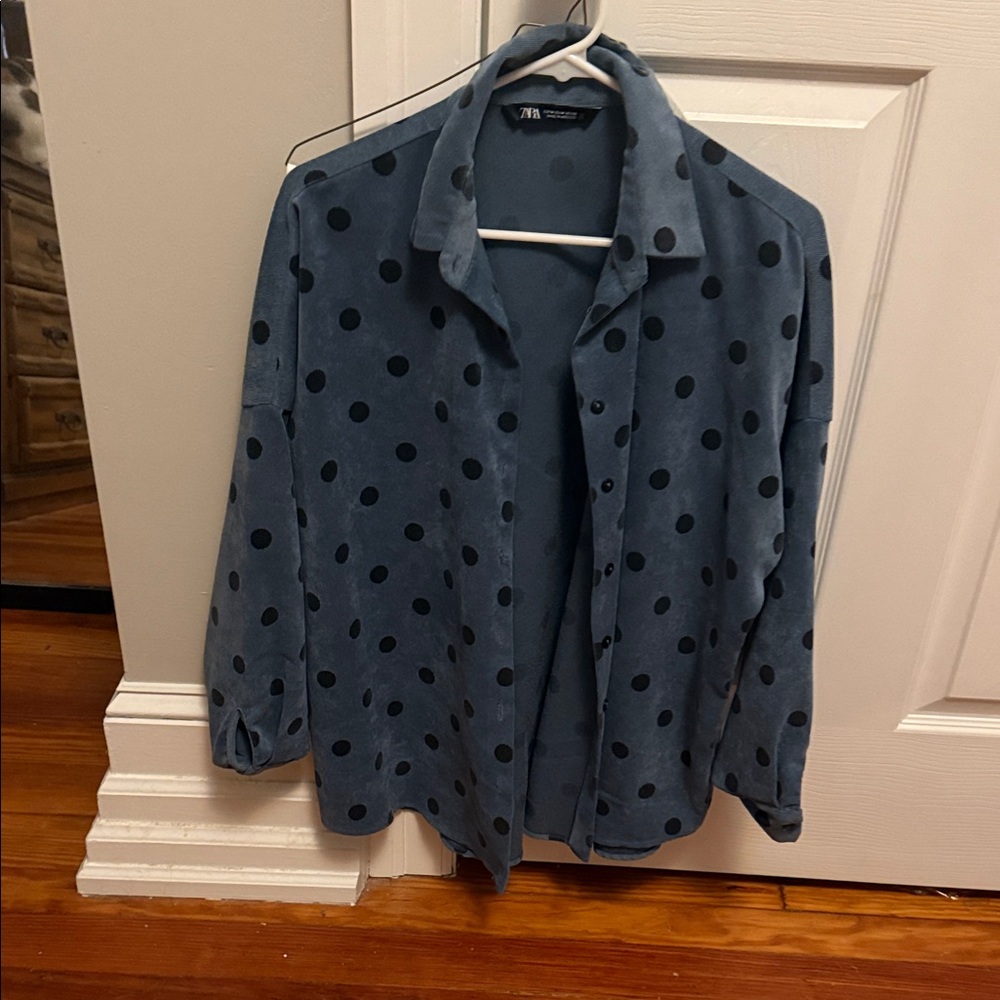 Zara Blue Shirt Jacket with Black Dots